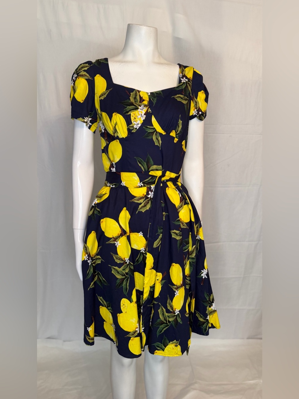 Navy Lemon Print Midi Dress with Tie Waist